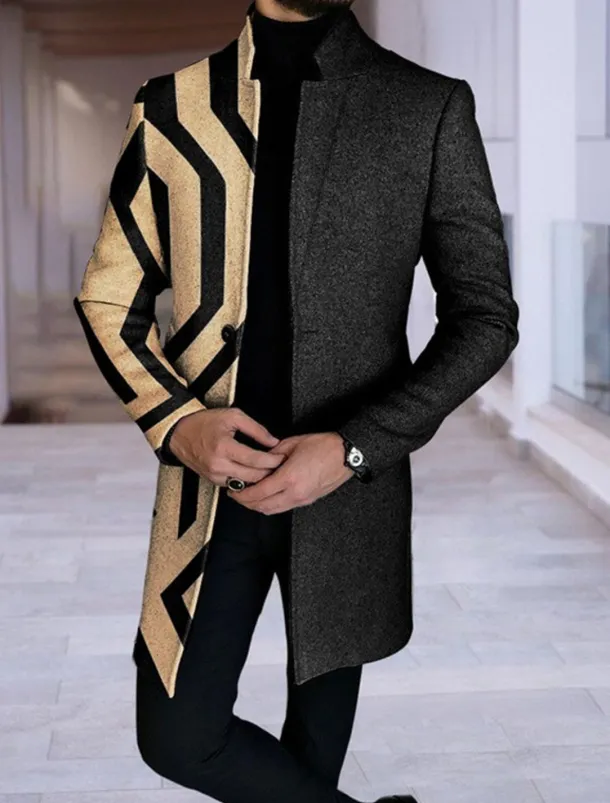 Men's Plaid Geometry Winter Coat Overcoat Coat Warm Breathable Comfortable Fashion Streetwear Business Work Wear to work Going out Pocket Print Fall & Winter Turndown Long Sleeve Blue Purple khaki