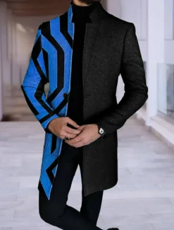 Men's Plaid Geometry Winter Coat Overcoat Coat Warm Breathable Comfortable Fashion Streetwear Business Work Wear to work Going out Pocket Print Fall & Winter Turndown Long Sleeve Blue Purple khaki