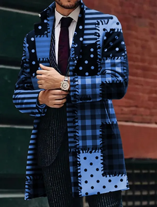 Men's Plaid Geometry Winter Coat Overcoat Coat Warm Breathable Comfortable Business Work Wear to work Going out Pocket Print Fall & Winter Turndown Long Sleeve Black Blue Purple