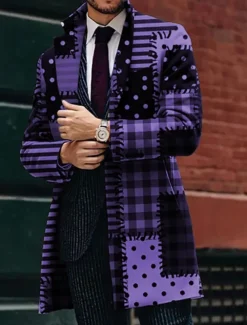 Men's Plaid Geometry Winter Coat Overcoat Coat Warm Breathable Comfortable Business Work Wear to work Going out Pocket Print Fall & Winter Turndown Long Sleeve Black Blue Purple