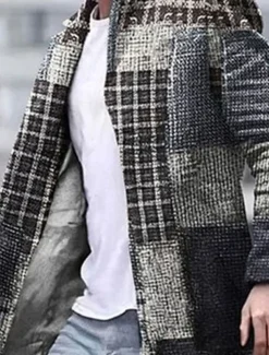 Men's Plaid Geometry Winter Coat Overcoat Coat Warm Breathable Comfortable Business Casual Work Wear to work Going out Pocket Print Fall & Winter Stand Collar Long Sleeve Yellow Blue