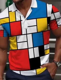 Men's Plaid Golf Shirt Short Sleeve Polo Shirts Collared Shirts Vintage Casual Vacation Wear Formal Wear Festival Wear Buttons 3D Print Summer Pink Red Blue