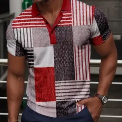 Men's Plaid Golf Shirt Short Sleeve Polo Shirts Collared Shirts Vintage Casual Vacation Wear Formal Wear Festival Wear Buttons 3D Print Summer Red Blue Green