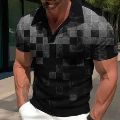 Men's Plaid Graphic Prints Geometry Polo Shirt Golf Shirt Short Sleeves Shirt Cuban Collar Outdoor Street Yellow Red Blue Sky Blue Purple Print Clothing Apparel Fashion Designer Casual Breathable