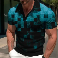 Men's Plaid Graphic Prints Geometry Polo Shirt Golf Shirt Short Sleeves Shirt Cuban Collar Outdoor Street Yellow Red Blue Sky Blue Purple Print Clothing Apparel Fashion Designer Casual Breathable