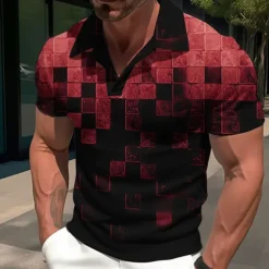 Men's Plaid Graphic Prints Geometry Polo Shirt Golf Shirt Short Sleeves Shirt Cuban Collar Outdoor Street Yellow Red Blue Sky Blue Purple Print Clothing Apparel Fashion Designer Casual Breathable