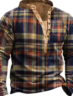 Men's Plaid Graphic Prints Sweatshirt Pullover Long Sleeve Sweatshirt V Neck Henley Collar Designer Basic Casual 3D Print Sports & Outdoor Casual Daily Print Spring & Fall
