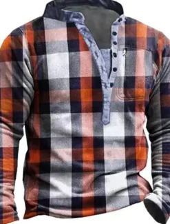 Men's Plaid Graphic Prints Sweatshirt Pullover Long Sleeve Sweatshirt V Neck Henley Collar Designer Basic Casual 3D Print Sports & Outdoor Casual Daily Print Spring & Fall