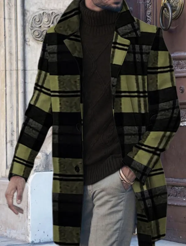 Men's Plaid Graphic Prints Winter Coat Overcoat Coat Warm Breathable Comfortable Fashion Streetwear Business Work Wear to work Going out Pocket Print Fall & Winter Turndown Long Sleeve Yellow Blue