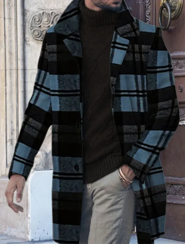 Men's Plaid Graphic Prints Winter Coat Overcoat Coat Warm Breathable Comfortable Fashion Streetwear Business Work Wear to work Going out Pocket Print Fall & Winter Turndown Long Sleeve Yellow Blue