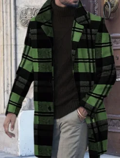 Men's Plaid Graphic Prints Winter Coat Overcoat Coat Warm Breathable Comfortable Fashion Streetwear Business Work Wear to work Going out Pocket Print Fall & Winter Turndown Long Sleeve Yellow Blue