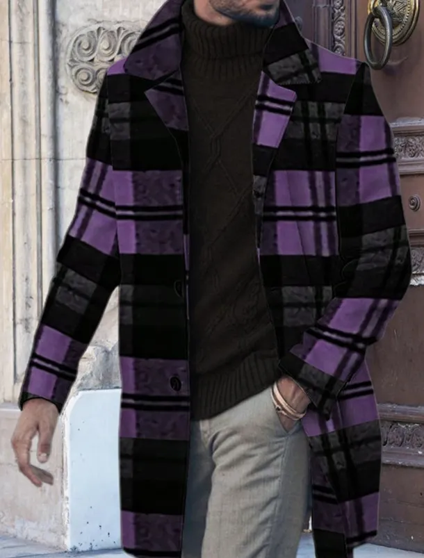 Men's Plaid Graphic Prints Winter Coat Overcoat Coat Warm Breathable Comfortable Fashion Streetwear Business Work Wear to work Going out Pocket Print Fall & Winter Turndown Long Sleeve Yellow Blue