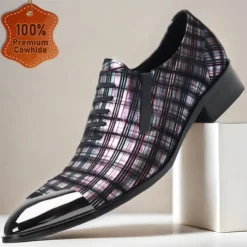 Men's Plaid Leather Lace-Up Oxford Shoes–100% Premium Cowhide with Gold Tip Glossy Toe Cap for Formal Events and Business Wear