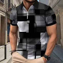 Men's Plaid Polo Shirts Zip Polo Short Sleeve Polo Shirts Collar Casual Formal Vacation Dailywear 3D Print Summer Spring Black Yellow Red