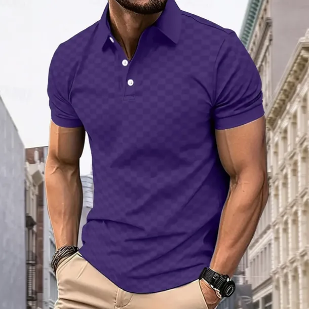 Men's Plaid Polo Short Sleeve Polo Shirts Collared Shirts Business Casual School Outdoor Daily Wear 3D Print Summer Blue Dark Green Purple