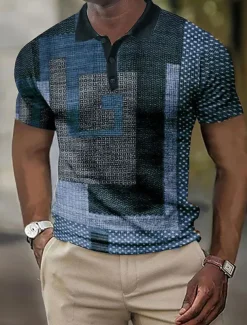 Men's Plaid Waffle Polo Shirts Golf Shirt Short Sleeve Polo Shirts Collared Shirts Vintage Casual Vacation Wear Formal Wear Festival Wear Buttons 3D Print Wine Blue Brown