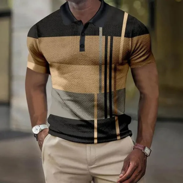 Men's Plaid Waffle Polo Shirts Golf Shirt Short Sleeve Polo Shirts Collared Shirts Vintage Casual Vacation Wear Formal Wear Festival Wear Buttons 3D Print Light Yellow Light Pink Black-White