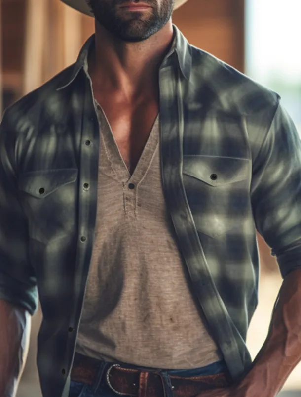 Men's Plaid Western Shirt Button Up Shirt Cowboy Shirt Long Sleeve Vintage Western Daily Wear Spring Fall & Winter Turndown Collared Shirts 3D Print Front Pocket Royal Blue Blue