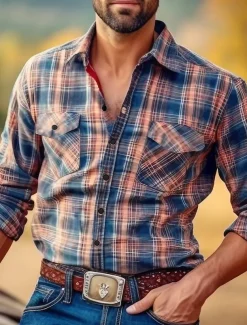Men's Plaid Western Shirt Button Up Shirt Cowboy Shirt Long Sleeve Vintage Western Daily Wear Spring Fall & Winter Turndown Collared Shirts 3D Print Front Pocket Royal Blue Blue