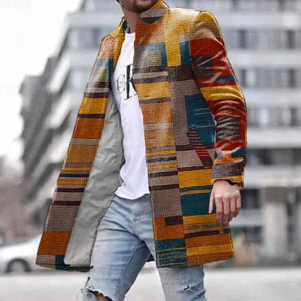 Men's Plaid Winter Coat Fleece Jacket Overcoat Thermal Comfortable Vintage Business Casual Party Evening Wear Daily Wear Buttons 3D Print Front Pocket Winter Turndown Long Sleeve Brown