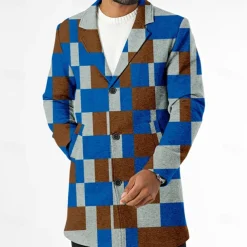 Men's Plaid Winter Coat Fleece Jacket Overcoat Thermal Comfortable Casual Street Outdoor clothing Daily Wear Buttons 3D Print Front Pocket Winter Turndown Long Sleeve Red Blue