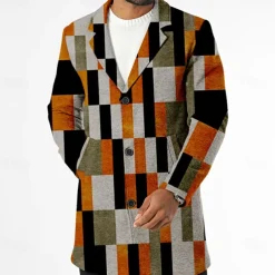 Men's Plaid Winter Coat Fleece Jacket Overcoat Thermal Comfortable Casual Street Outdoor clothing Daily Wear Buttons 3D Print Front Pocket Winter Turndown Long Sleeve Orange