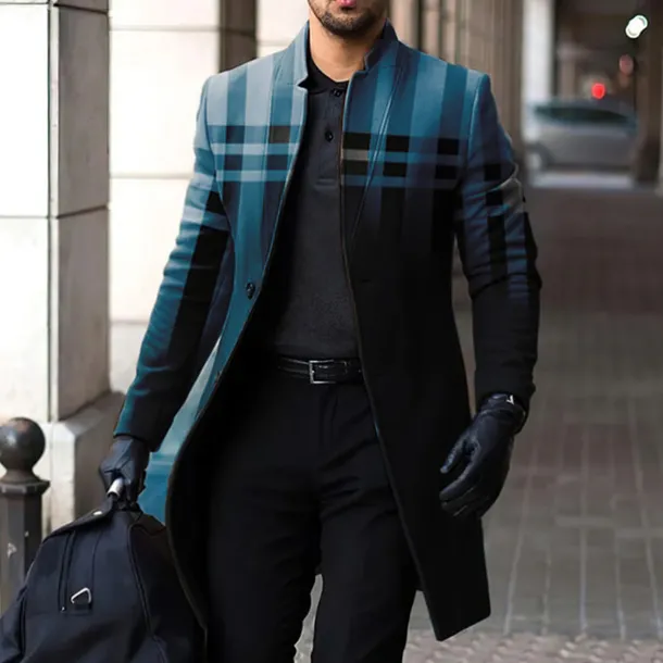 Men's Plaid Winter Coat Overcoat Coat Warm Breathable Comfortable Business Casual Work Wear to work Going out Pocket Print Fall & Winter Stand Collar Long Sleeve Blue Brown Gray