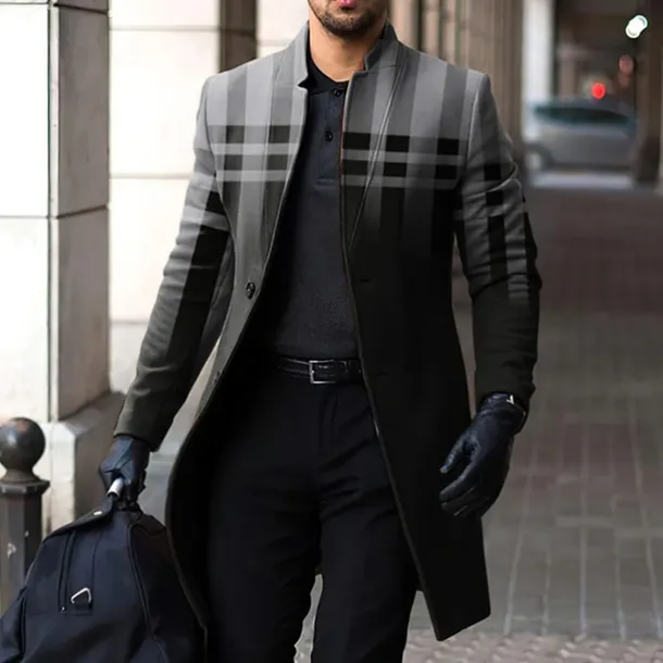 Men's Plaid Winter Coat Overcoat Coat Warm Breathable Comfortable Business Casual Work Wear to work Going out Pocket Print Fall & Winter Stand Collar Long Sleeve Blue Brown Gray