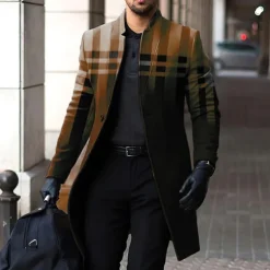 Men's Plaid Winter Coat Overcoat Coat Warm Breathable Comfortable Business Casual Work Wear to work Going out Pocket Print Fall & Winter Stand Collar Long Sleeve Blue Brown Gray