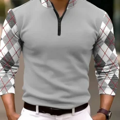 Men's Plaid Zip Polo Long Sleeve Polo Shirts Zip Business Outdoor Casual Daily Streetwear 3D Print Fall & Winter Black White Dark Navy