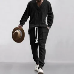 Men's Plain Basic Sweatshirts Sweatshirt Tracksuit Sweatsuit Long Sleeve Sweatshirt V Neck Streetwear Basic Casual Sports & Outdoor Daily Holiday 2 Piece Fall & Winter