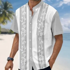 Men's Plants Bamboo Shirt Stand Collar Shirt Short Sleeve Fashion Casual Vacation Holiday Beach Wear Summer Spring Mandarin Collar Band Collar Grandad Collar Button Up 3D Print Linen Like Shirt Blue