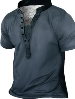 Men's Plus Size Big Tall T shirt Tee Tee Stand Collar Blue Green Gray Short Sleeves Outdoor Going out Button-Down Plain Clothing Apparel Cotton Blend Streetwear Stylish Casual