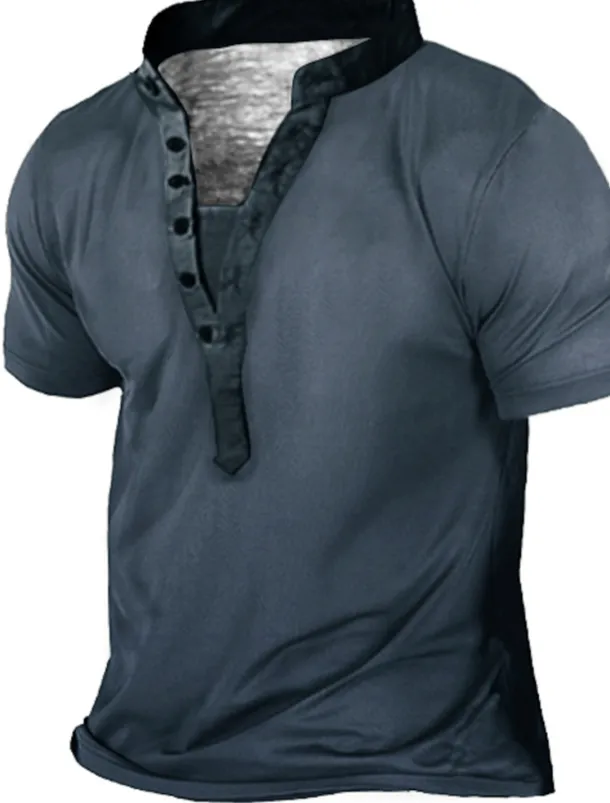 Men's Plus Size Big Tall T shirt Tee Tee Stand Collar Blue Green Gray Short Sleeves Outdoor Going out Button-Down Plain Clothing Apparel Cotton Blend Streetwear Stylish Casual