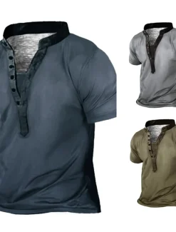 Men's Plus Size Big Tall T shirt Tee Tee Stand Collar Blue Green Gray Short Sleeves Outdoor Going out Button-Down Plain Clothing Apparel Cotton Blend Streetwear Stylish Casual