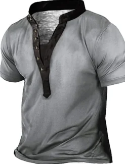 Men's Plus Size Big Tall T shirt Tee Tee Stand Collar Blue Green Gray Short Sleeves Outdoor Going out Button-Down Plain Clothing Apparel Cotton Blend Streetwear Stylish Casual