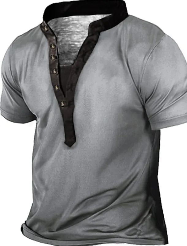 Men's Plus Size Big Tall T shirt Tee Tee Stand Collar Blue Green Gray Short Sleeves Outdoor Going out Button-Down Plain Clothing Apparel Cotton Blend Streetwear Stylish Casual