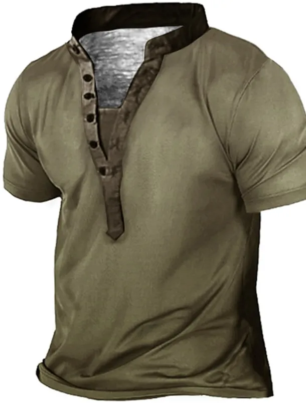 Men's Plus Size Big Tall T shirt Tee Tee Stand Collar Blue Green Gray Short Sleeves Outdoor Going out Button-Down Plain Clothing Apparel Cotton Blend Streetwear Stylish Casual