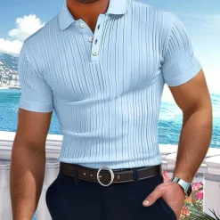 Men's Polo Golf Shirt Business Casual Ribbed Polo Collar Classic Short Sleeve Basic Modern Solid Color Knitted Ribbed Spring & Summer Regular Fit Light Blue Pink Green Polo