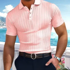 Men's Polo Golf Shirt Business Casual Ribbed Polo Collar Classic Short Sleeve Basic Modern Solid Color Knitted Ribbed Spring & Summer Regular Fit Light Blue Pink Green Polo