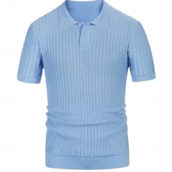 Men's Polo Golf Shirt Business Casual Ribbed Polo Collar Classic Short Sleeve Basic Modern Solid Color Knitted Ribbed Spring & Summer Regular Fit Light Blue Pink Green Polo