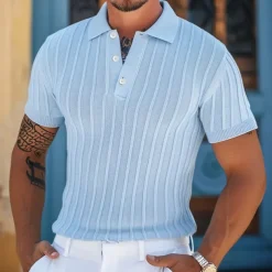 Men's Polo Golf Shirt Business Casual Ribbed Polo Collar Classic Short Sleeve Modern Old Money Style Color Block Knitted Ribbed Spring & Summer Regular Fit Light Blue Pink Green Polo