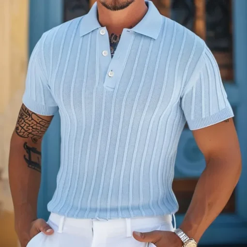 Men's Polo Golf Shirt Business Casual Ribbed Polo Collar Classic Short Sleeve Modern Old Money Style Color Block Knitted Ribbed Spring & Summer Regular Fit Light Blue Pink Green Polo