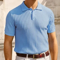 Men's Polo Golf Shirt Business Casual Ribbed Polo Collar Classic Short Sleeve Modern Old Money Style Color Block Knitted Ribbed Spring & Summer Regular Fit Light Blue Pink Green Polo