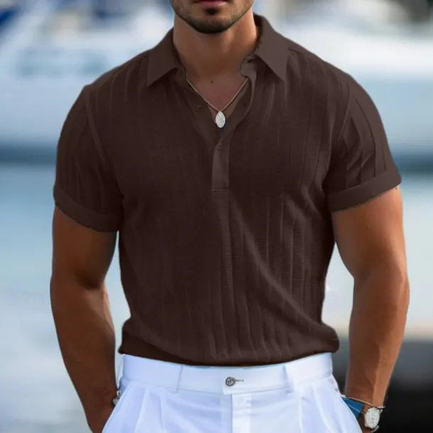Men's Polo Golf Shirt Casual Holiday Ribbed Polo Collar Short Sleeve Fashion Basic Stripe Plain Button Quick Dry Summer Regular Fit Light Blue White Purple Khaki Polo