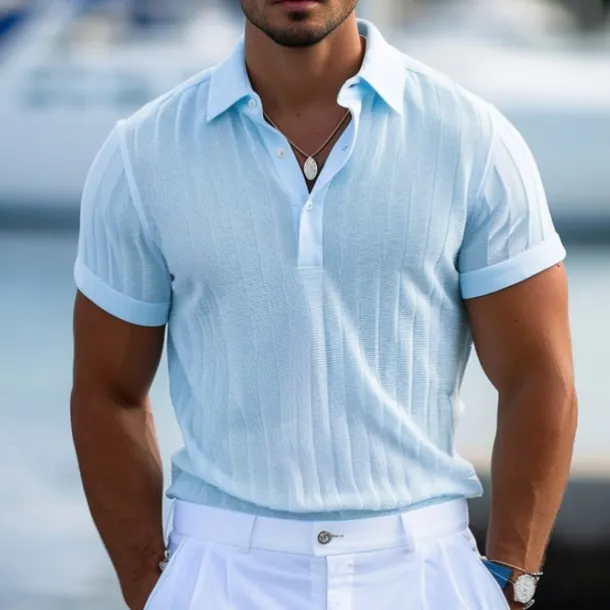 Men's Polo Golf Shirt Casual Holiday Ribbed Polo Collar Short Sleeve Fashion Basic Stripe Plain Button Quick Dry Summer Regular Fit Light Blue White Purple Khaki Polo