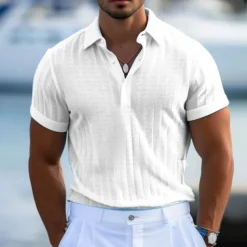 Men's Polo Golf Shirt Casual Holiday Ribbed Polo Collar Short Sleeve Fashion Basic Stripe Plain Button Quick Dry Summer Regular Fit Light Blue White Purple Khaki Polo