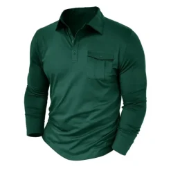 Men's Polo Shirt Button Up Polos Casual Sports Lapel Long Sleeve Fashion Basic Plain Button Pocket Spring & Fall Regular Fit Black White Army Green Red Navy Blue Dark Green Polo Shirt