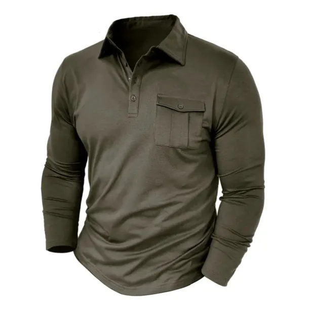 Men's Polo Shirt Button Up Polos Casual Sports Lapel Long Sleeve Fashion Basic Plain Button Pocket Spring & Fall Regular Fit Black White Army Green Red Navy Blue Dark Green Polo Shirt