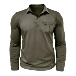 Men's Polo Shirt Button Up Polos Casual Sports Lapel Long Sleeve Fashion Basic Plain Button Pocket Spring & Fall Regular Fit Black White Army Green Red Navy Blue Dark Green Polo Shirt